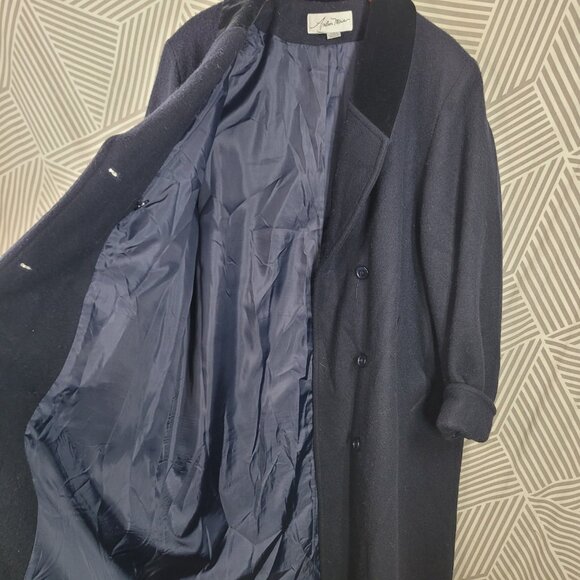 Vintage Wool Winter Long Coat Plus 20W Blue Velvet Trim Trench Double Breasted - Picture 4 of 7